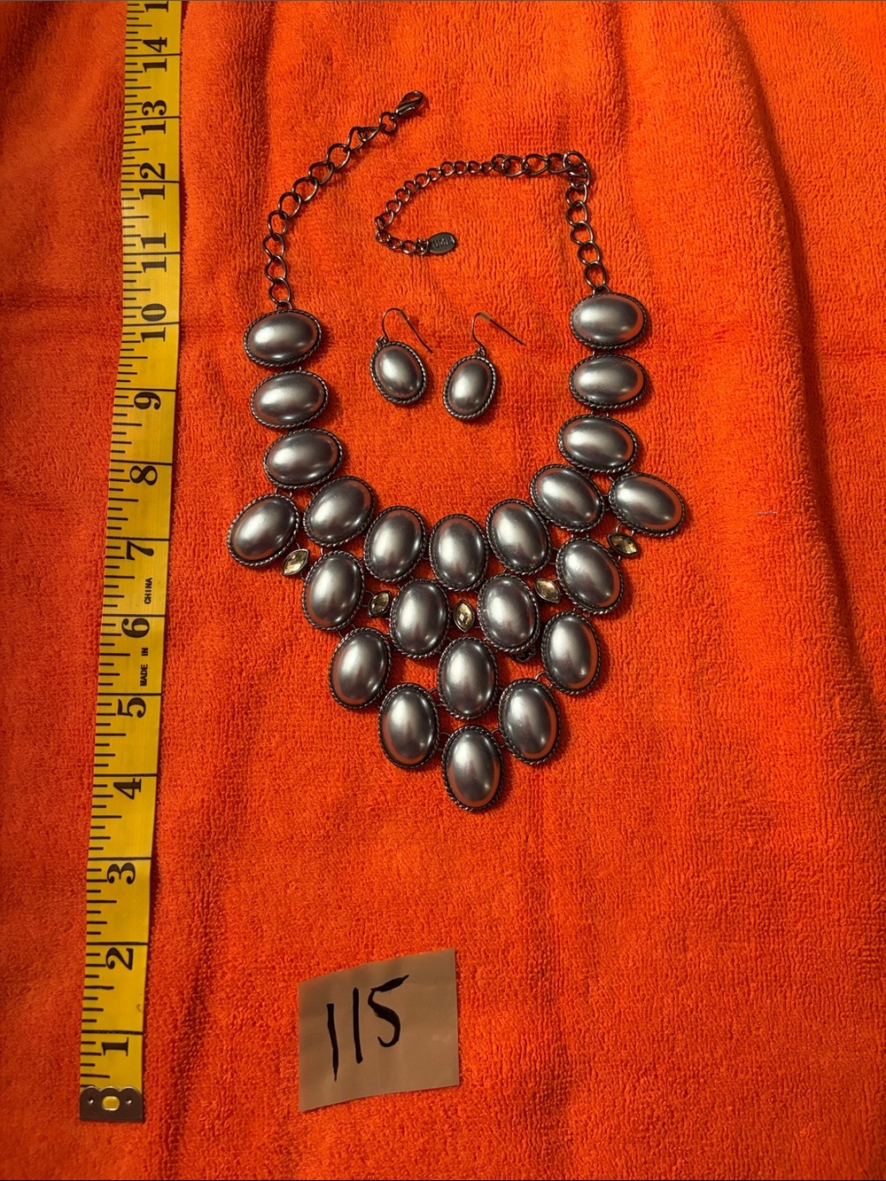 Statement Silver-Tone Oval Bib Necklace with Matching Earrings - Gray